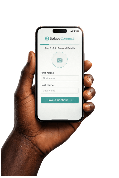 Hand holding phone with onboarding screen